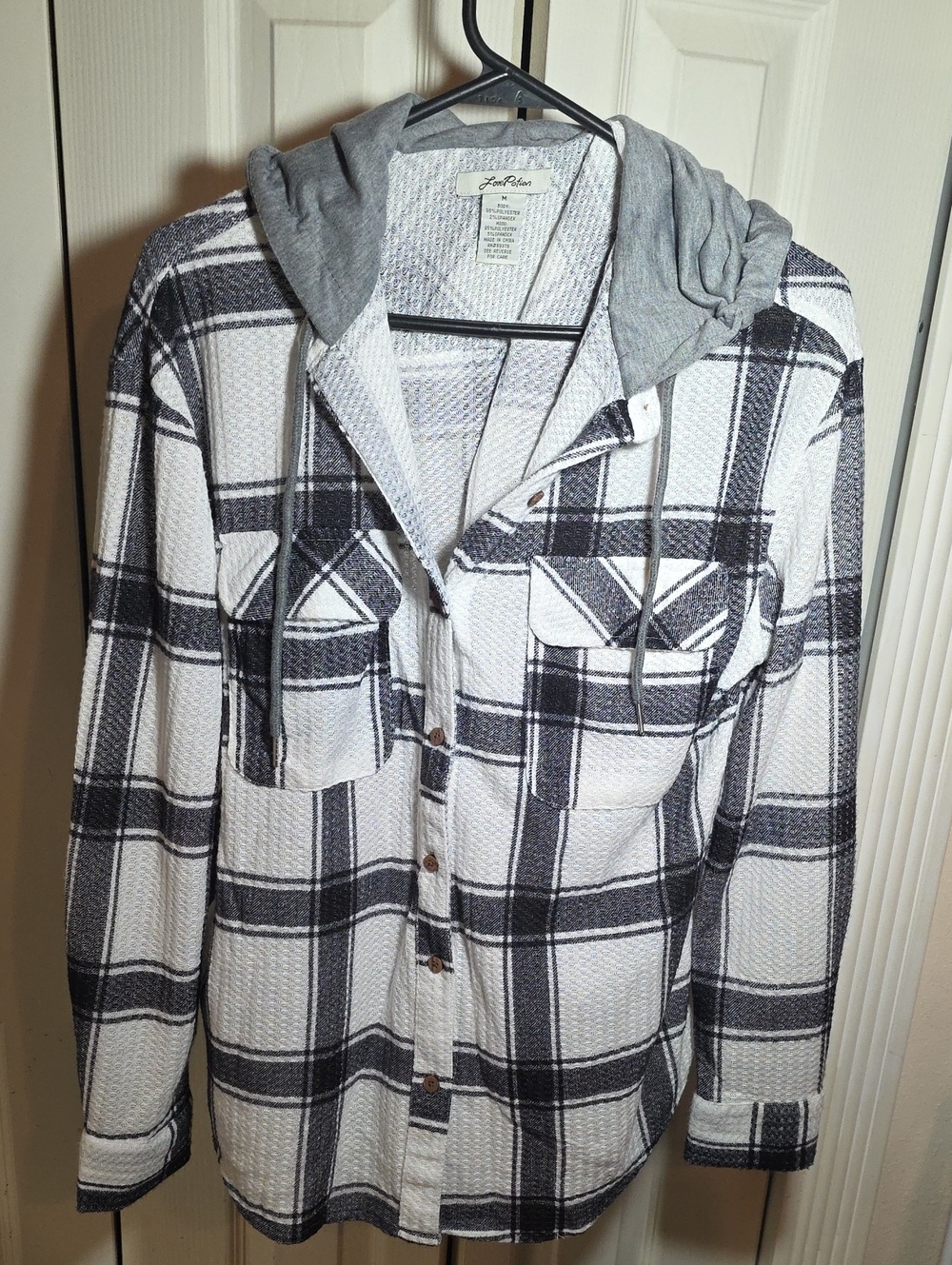 Love PotionBkack, Gray, & White Plaid Hooded Shirt Jacket